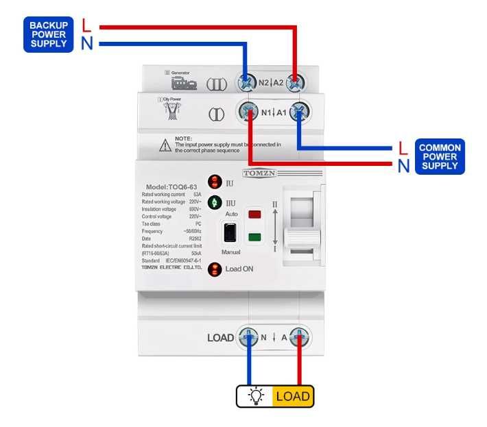 Автомат вводу резерву АВР Tomzn TOQ6-63/2 63A однофазний