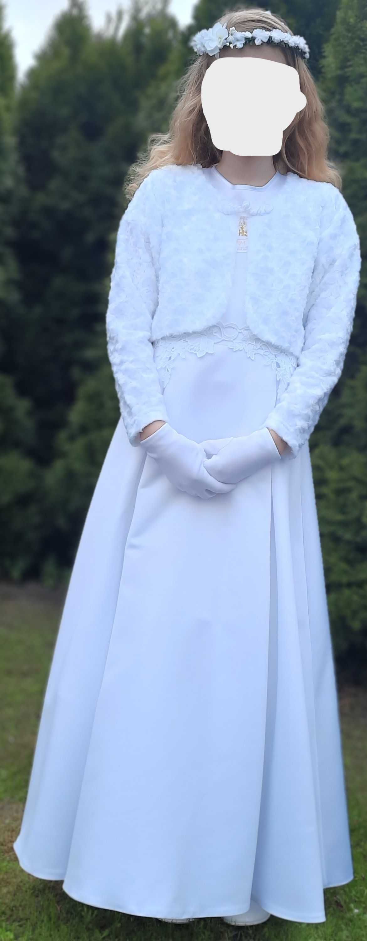 Suknia komunijna dł.118cm, alba 2 bolerka wianek torebka sukienka ręka