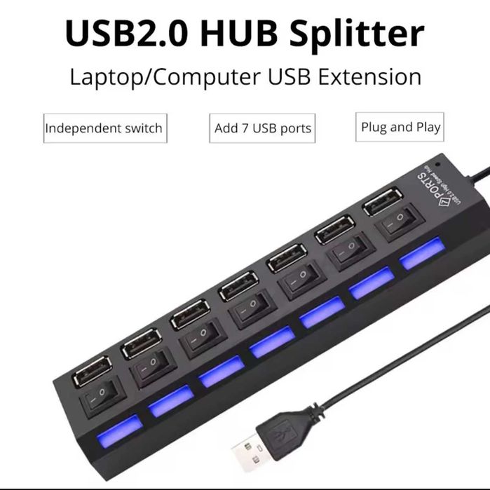 НОВЫЙ Разветвитель USB-A на 7 портов удлинитель с подсветкой для комп