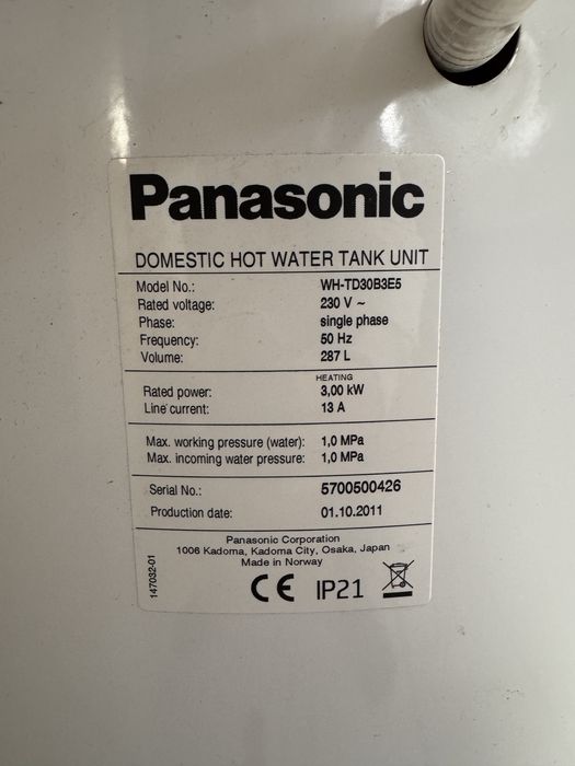 Zbiornik CWU Panasonic zasobnik ciepłej wody Panasonic 287 litrów