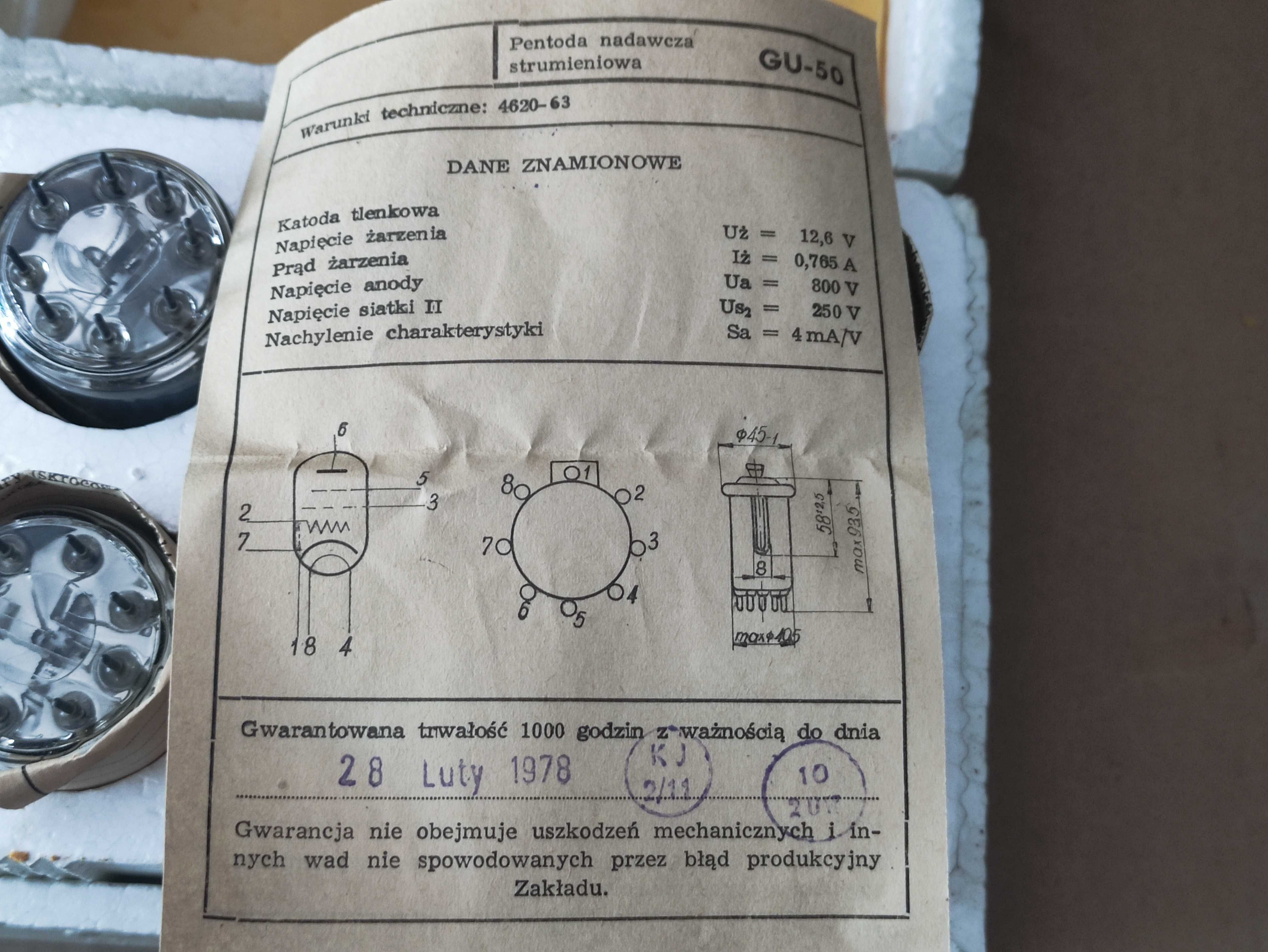 Nieużywane lampy elektronowe GU-50 Unitra Lamina komplet 6 szt. PRL