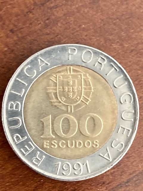 Moeda bela, única, 100 escudos (100$00) 1991, com defeito de cunhagem