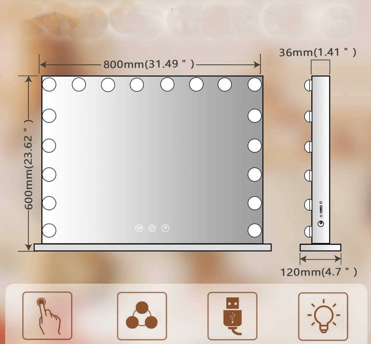 Duże lustro kosmetyczne LED 80x60 cm z lupą 10X i portem USB