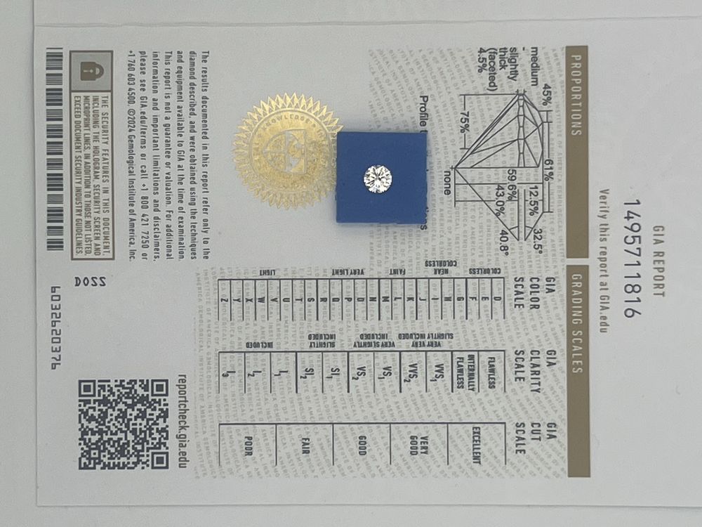 Brylant 0.5 ct, D, VVS1, certyfikat GIA