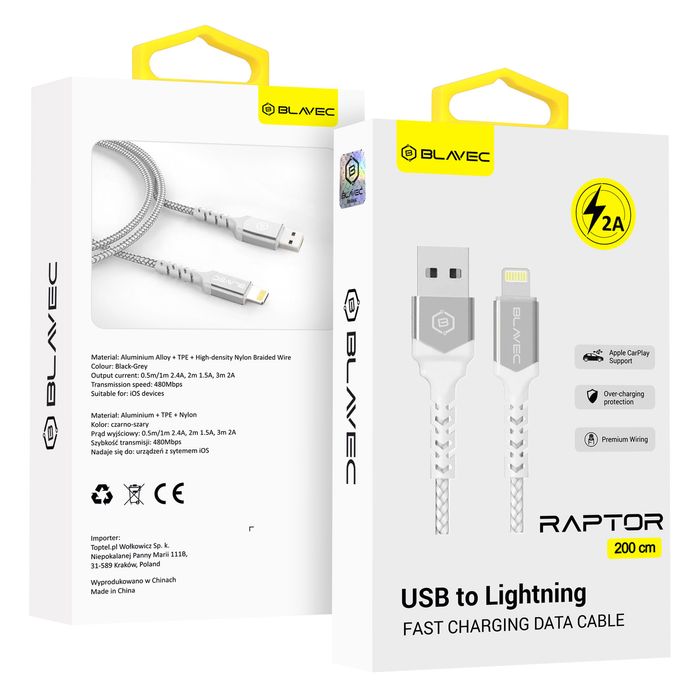 Blavec Kabel Raptor USB na Lightning 2A 3m (biało-srebrny)