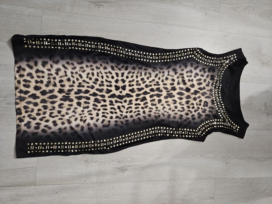 Sukienka mała czarna panterka ze złotymi cekinami S 36 dopasowana