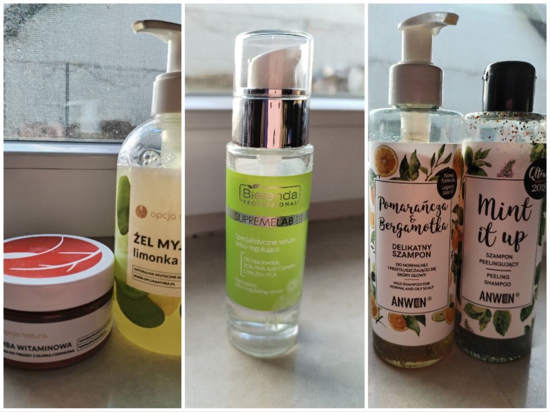 Opcja natura żel i bomba, Anwen szampony, Bielenda serum sebo