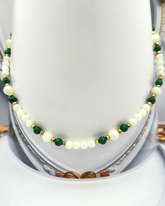 Naszyjnik Malachit i Masa Perłowa – Kamienie Naturalne Złoty Hematyt