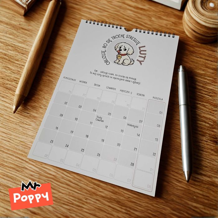 Edukacyjny kalendarz 2026 z psem – Mr Poppy | A4, mowa ciała psa