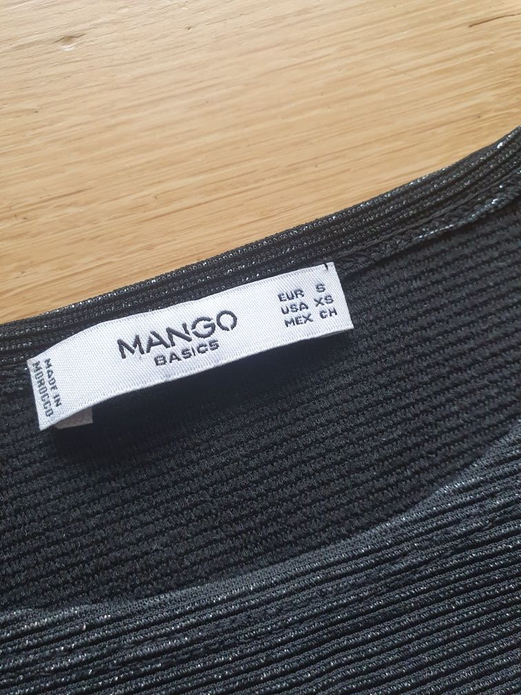 Czarna dopasowana sukienka z długim rękawem srebrną nitką Mango S