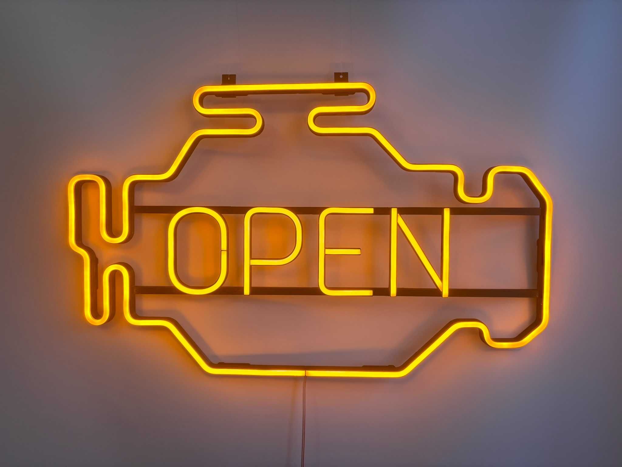 Неонова вивіска "Check engine open" жовта, 700*420 мм, світлодіодна