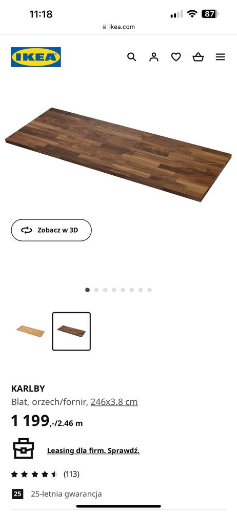 NOWY blat drewniany kuchenny z IKEA KARLBY 246 x 3,8cm orzech fornir