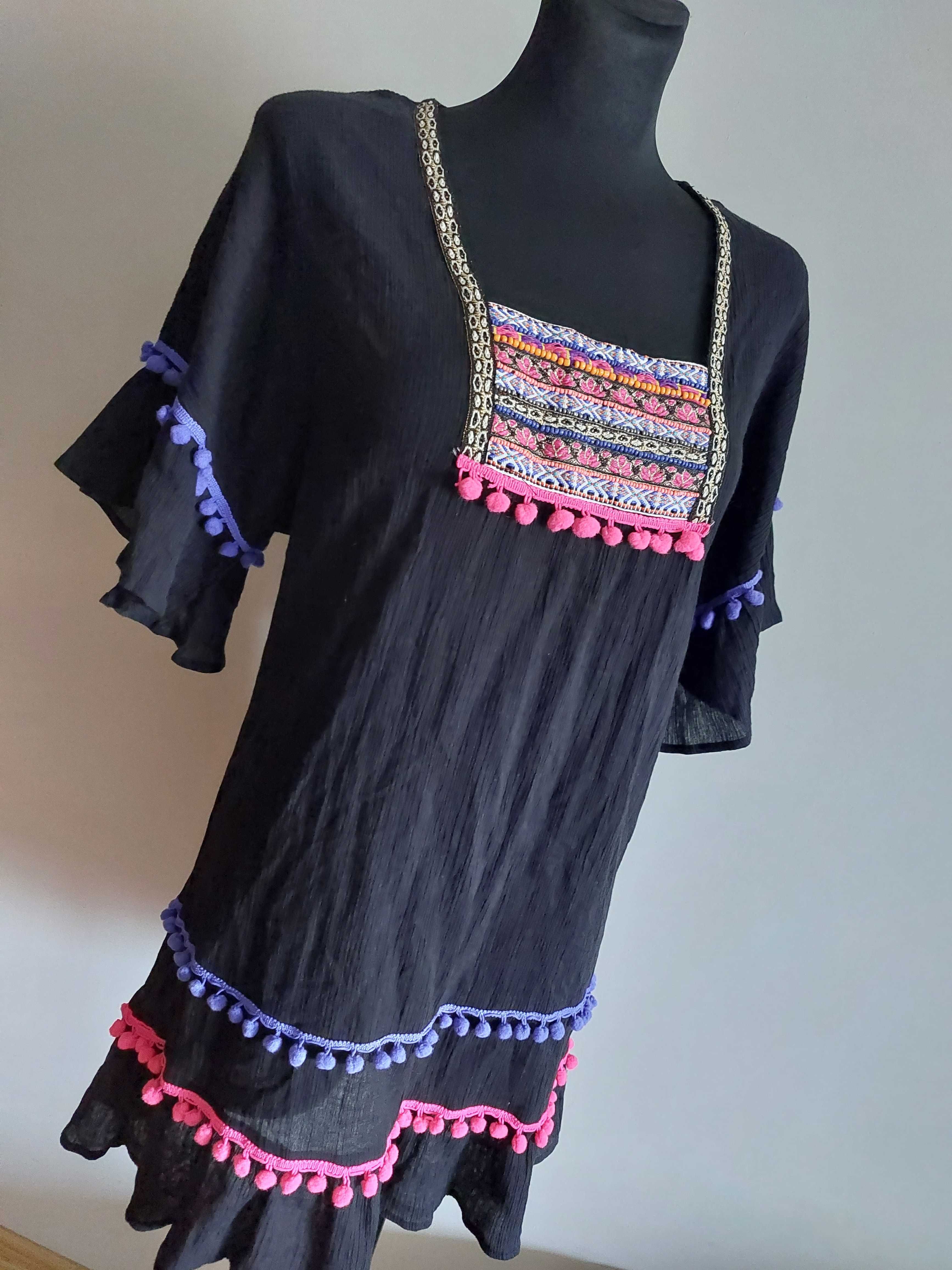 czarna sukienka oversize xs s m l pompony bawełna boho vintage hippie