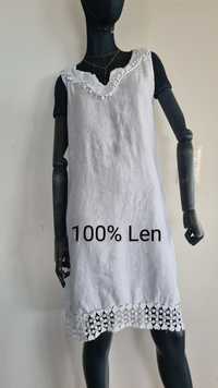 Sukienka biała 100% Len Lniana. Rozmiar 38 M. Koronka