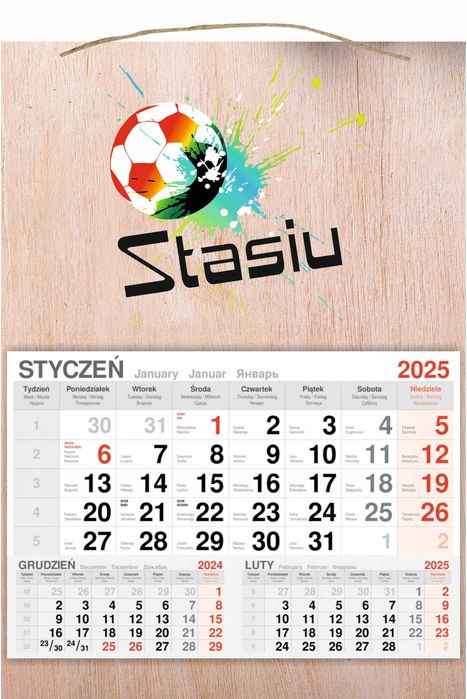 kalendarz 2025 jednodzielny drewniany prezent nadruk piłka nożna twój