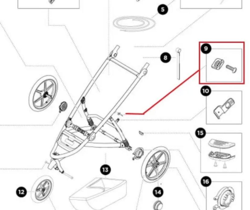 Zestaw wspornik podnóżka i oparcia + zapadka do wózka THULE połysk