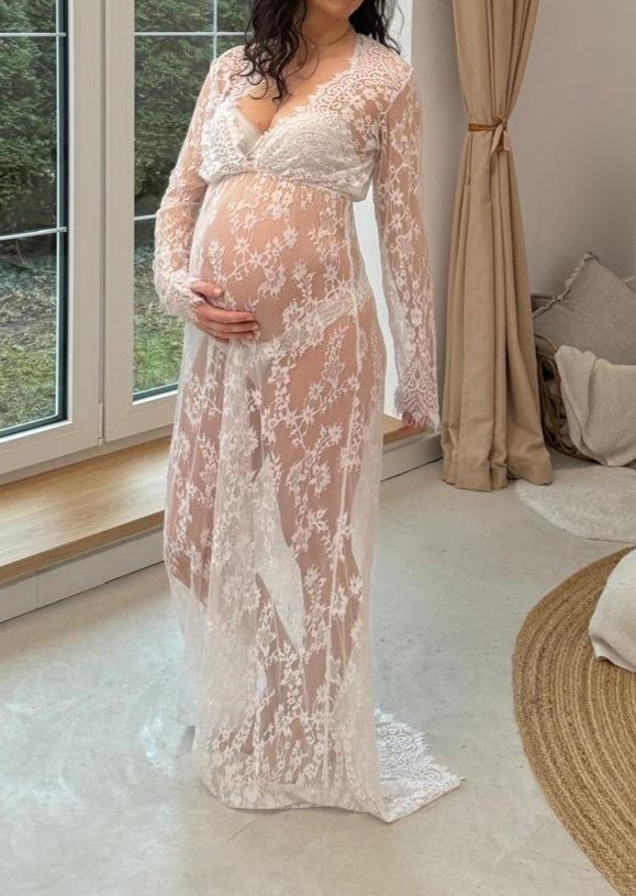 Sukienka ciążowa sesja na sesję Boho długa maxi koronka rękaw prześwit