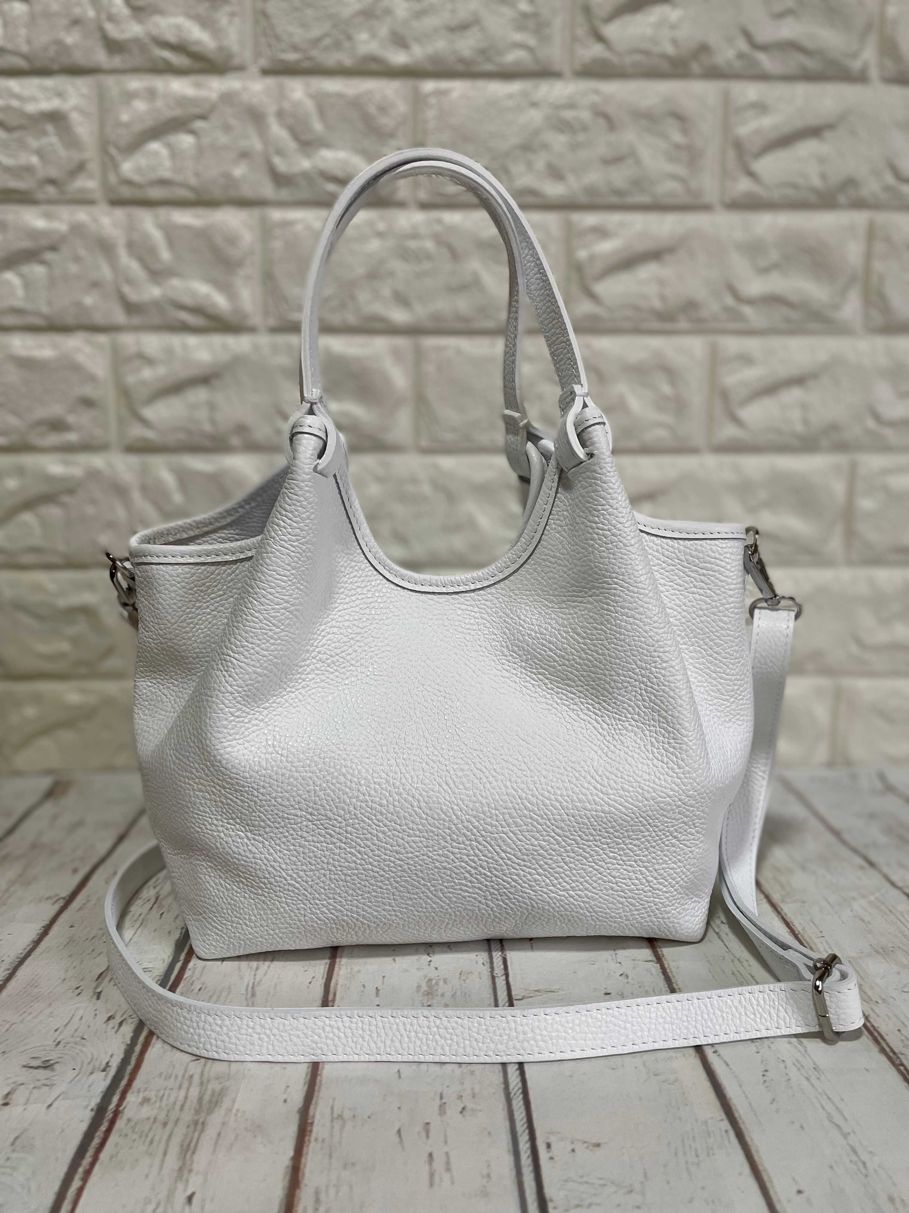 Італійська шкіряна сумка шопер середнього розміру біла Нова колекція