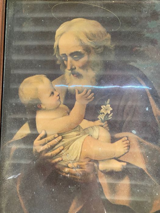 Gravura antiga de S. José com o Menino e Moldura Antiga
