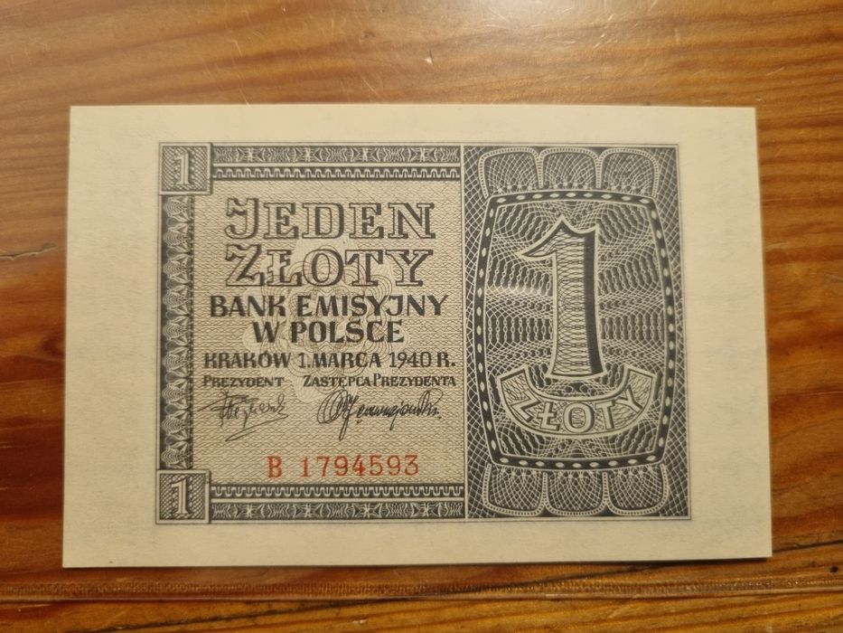 Banknot 1 złoty 1940 r. seria B UNC