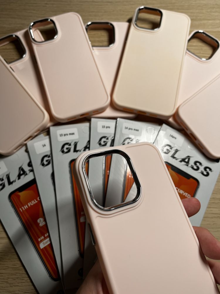 Pack Capa Rosa + Pelicula Ecra para iPhone 12/13/14/15 Pro Plus Max