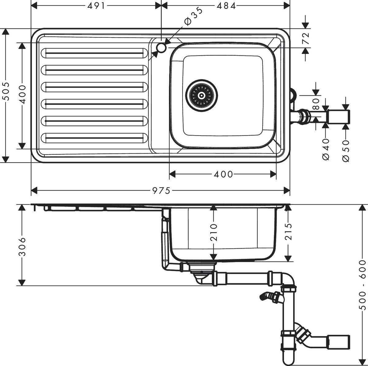 Мийка для кухні hansgrohe S41 S4111-F400 43341800 сталь зі зливом