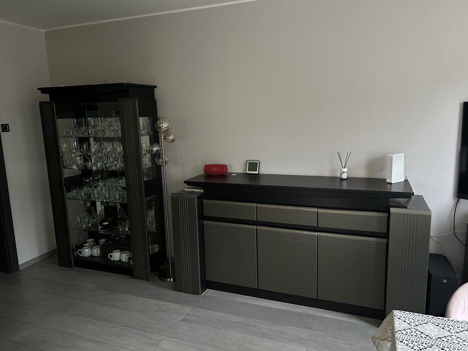 Zestaw mebli do salonu, komoda/witryna/stolik RTV, czarne drewno