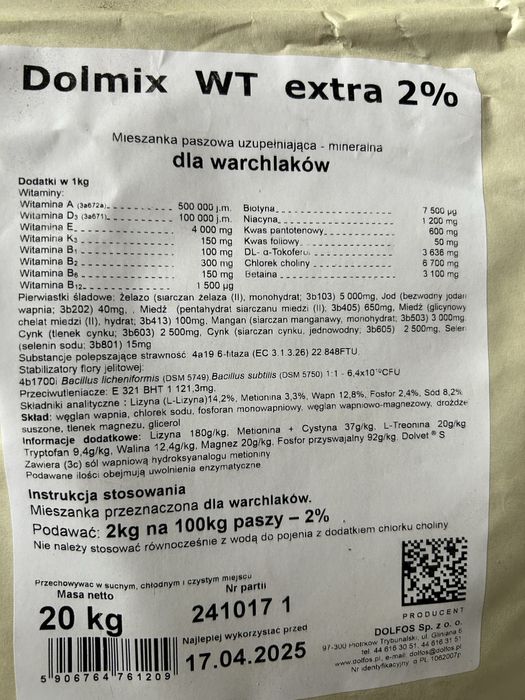 Witaminy dla trzody Dolmix Wt extra 2% dla tuczników i warchlaków
