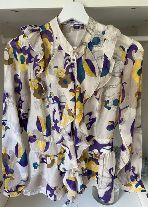 Jedwabna bluzka koszula z falbanami rozpinana M 38 Jedwab 100% Silk