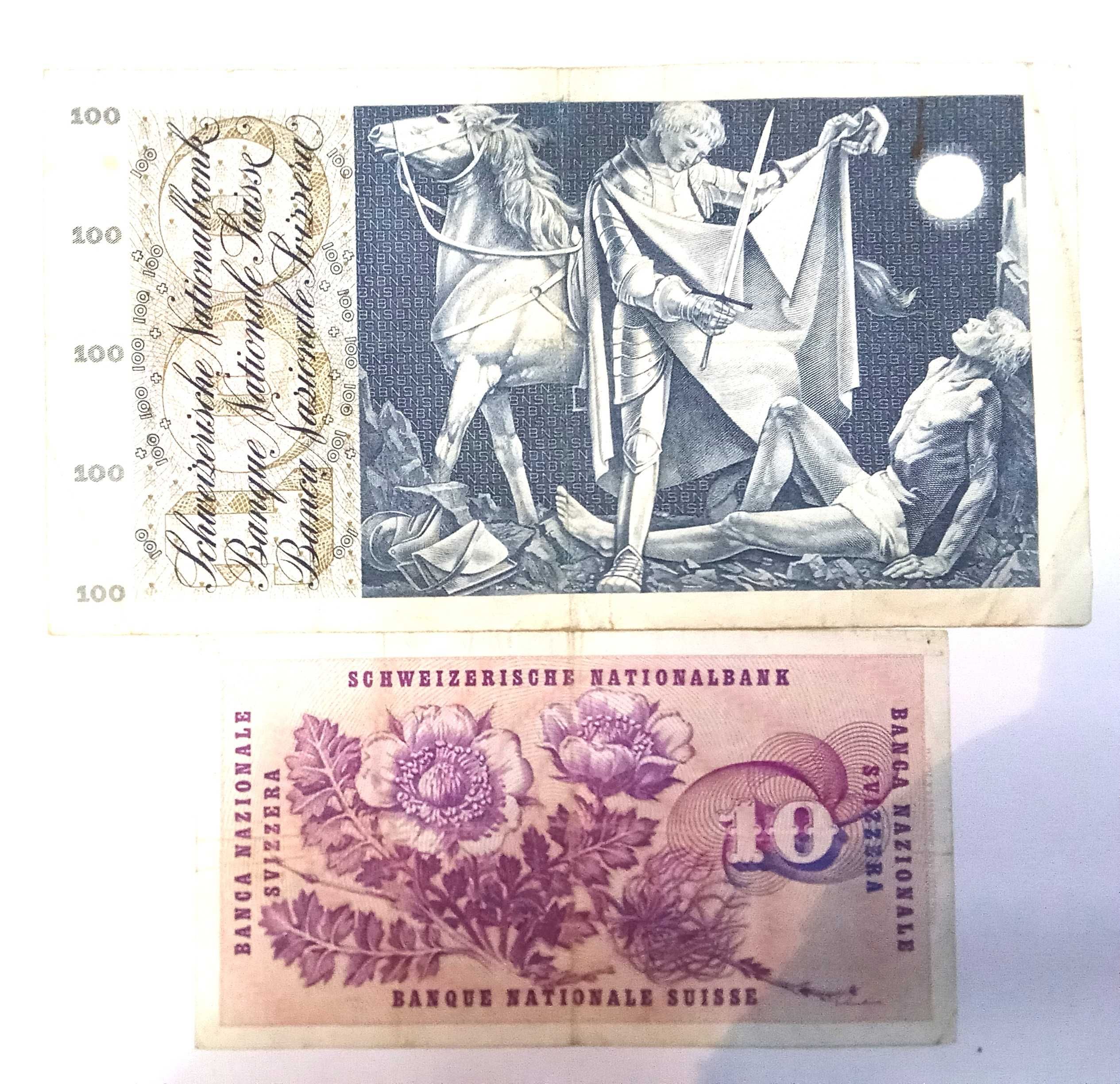 2 Notas Suíças de 100 e 10 francos