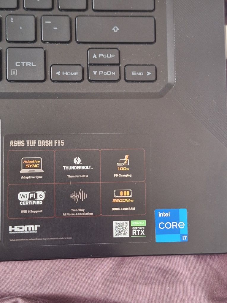 Portátil Asus TUF Dash F15 RTX 3060 i7 40GB RAM 512 SSD