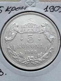 5 крон 1909 год. Серебро.