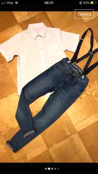 Biała koszula krótki rękaw spodnie jeansy rurki szelki zestaw 140/146