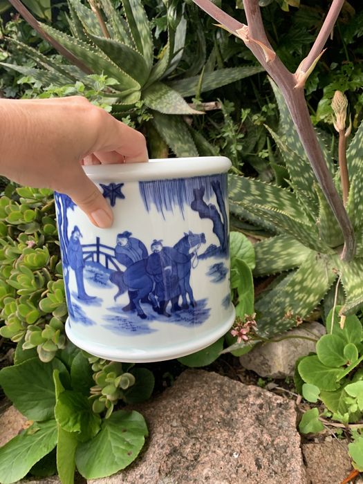 Cachepot Floreira Azul & Branco Porcelana Oriental