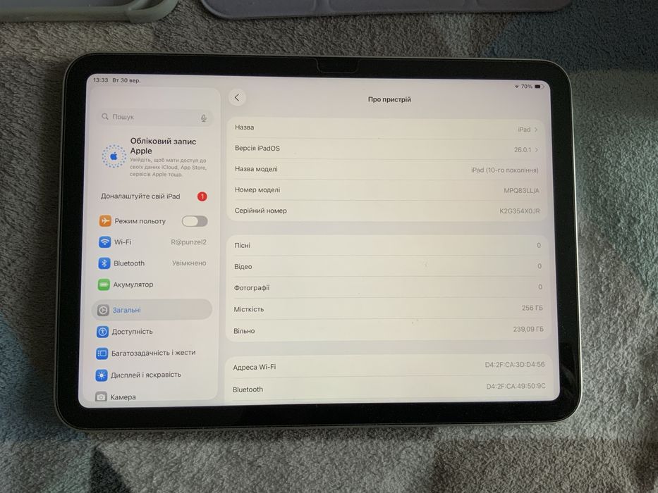 Apple iPad 10,9 256 Гб 2022 (колір металік)