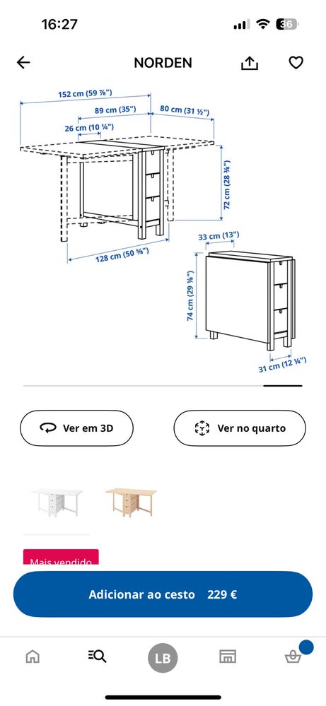 Mesa NORDEN IKEA com abas rebatíveis, pernas articuladas e 6 gavetas