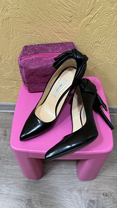 Туфлі лодочки шпилька чорні з бантом шкіряні