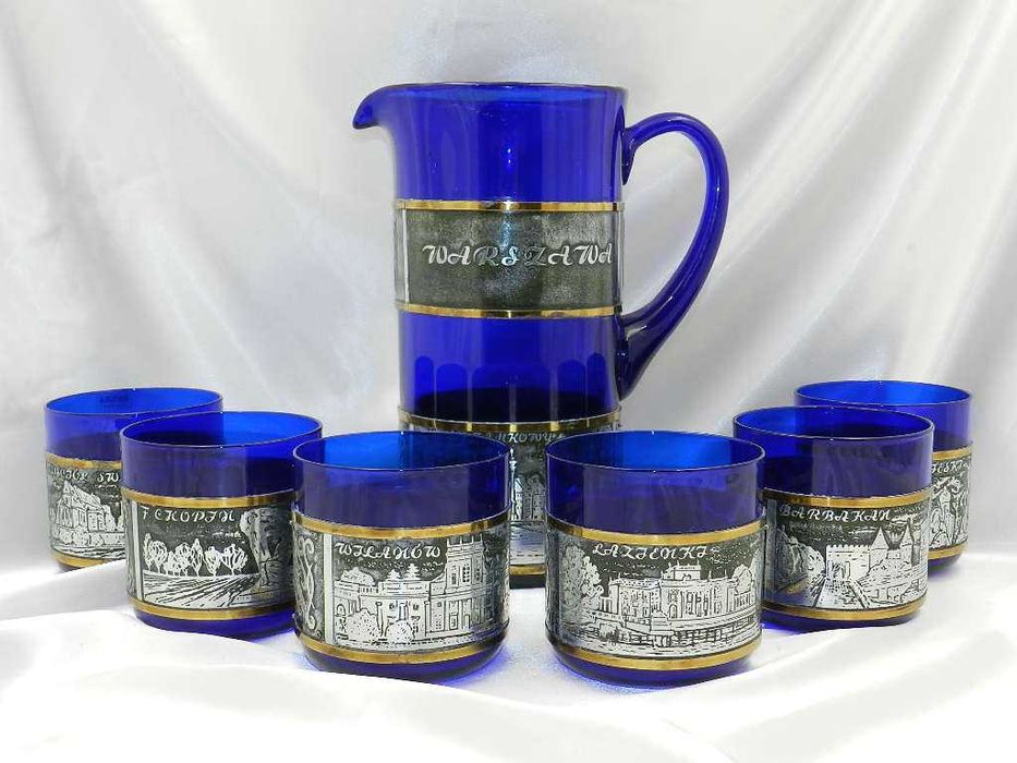 Kobaltowy okuwany zestaw do napojów WARSZAWA Huta Hortensja lata 70-80