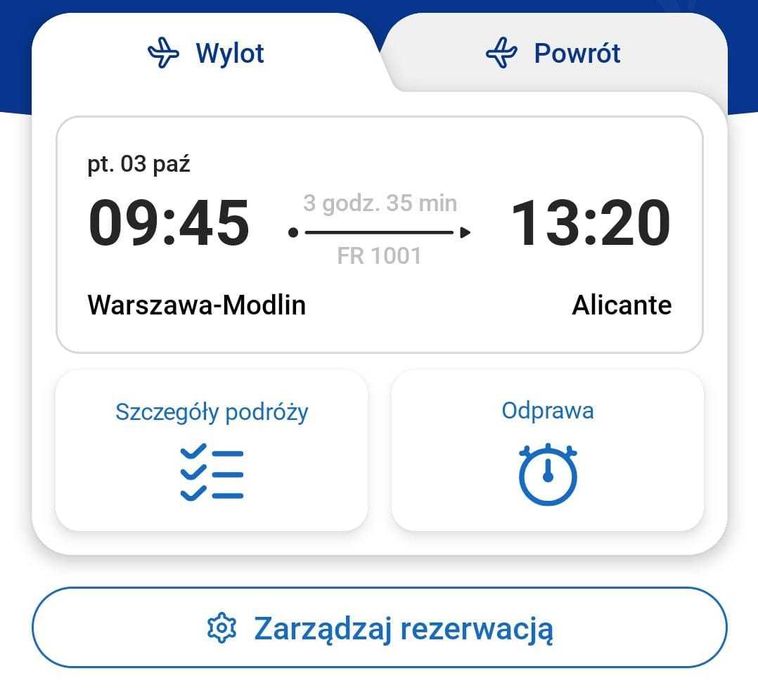 Bilet lotniczy Ryanair Warszawa Modlin - Alicante 03.10.2025 r. 09:45