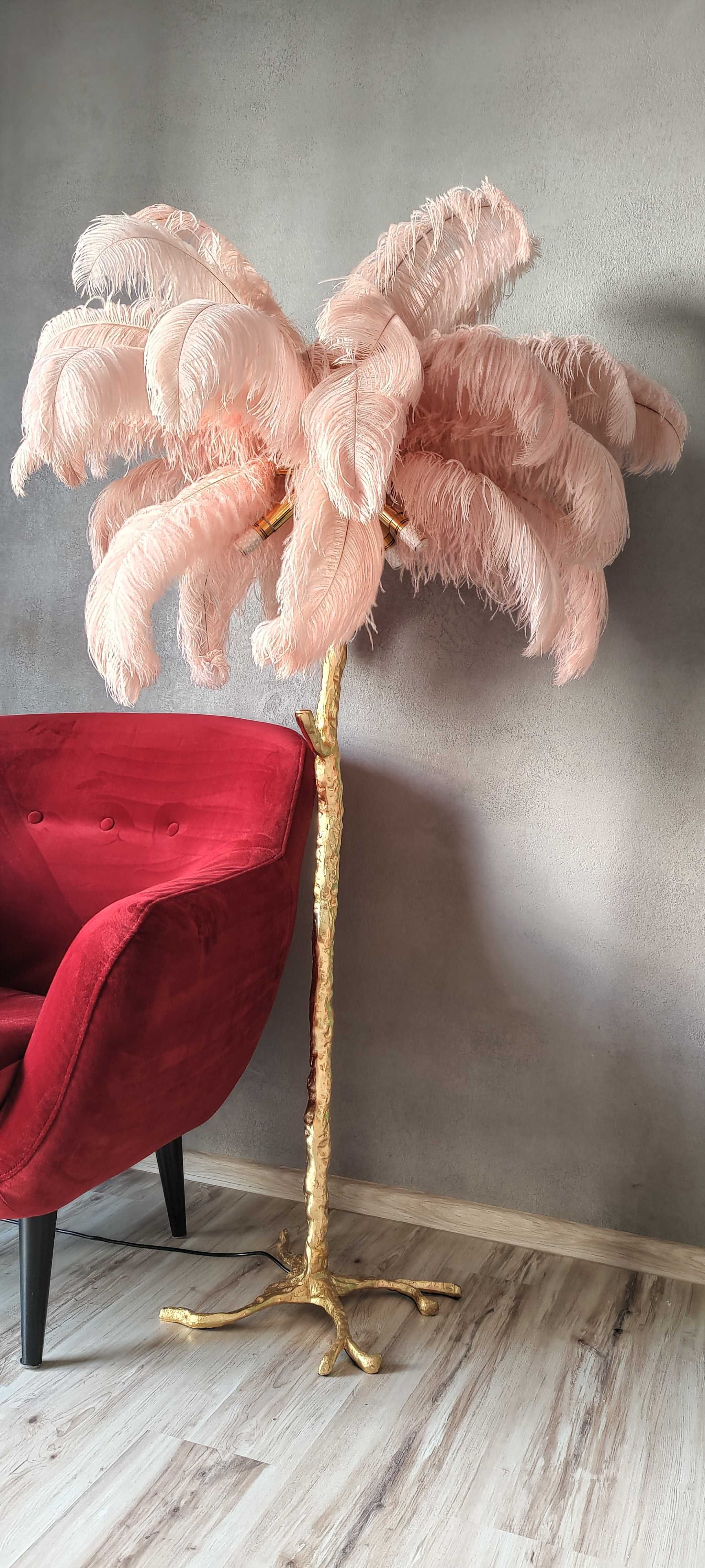 Elegancka lampa podłogowa glamour - Tiffany - różowe pióra 170 cm