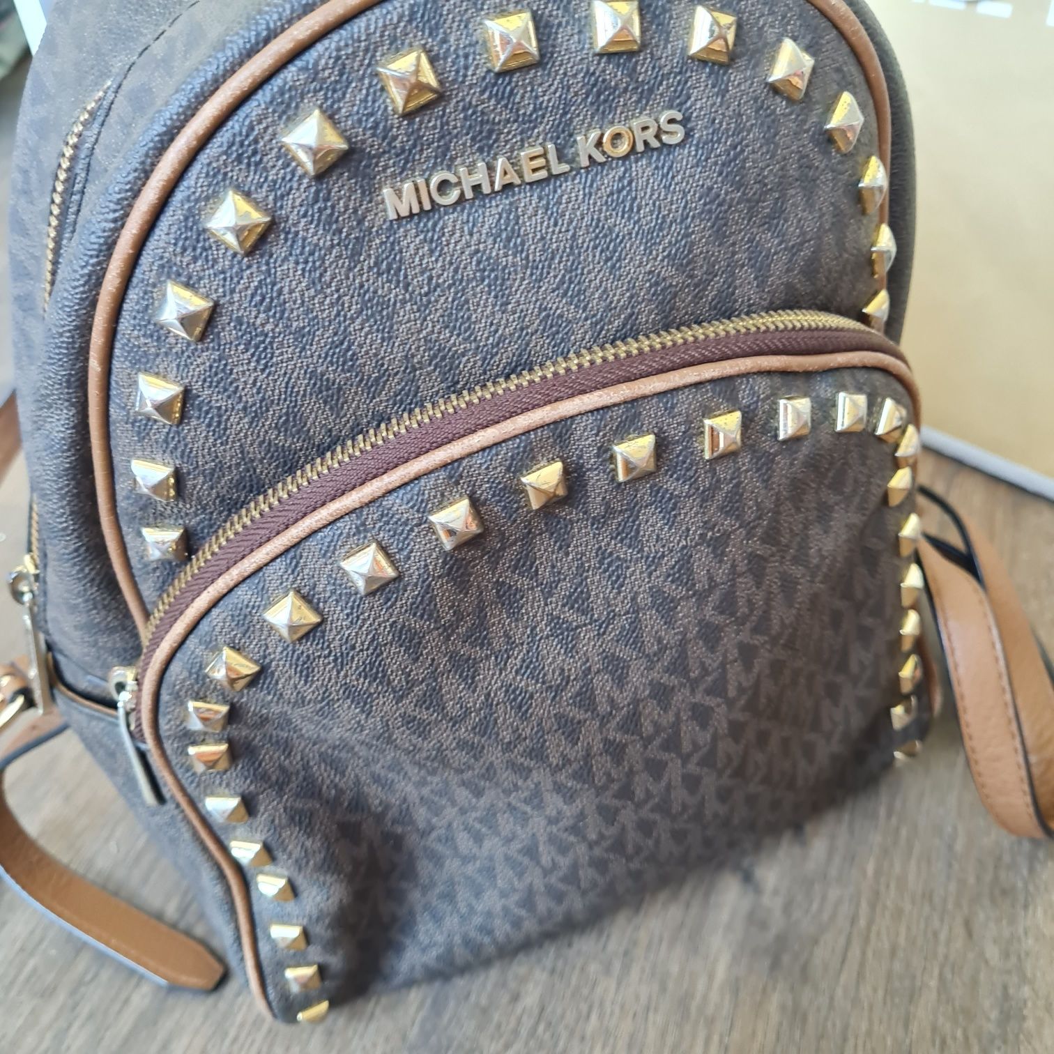 Michael Kors plecak plecaczek rhea brązowy mk monogram logowany złote