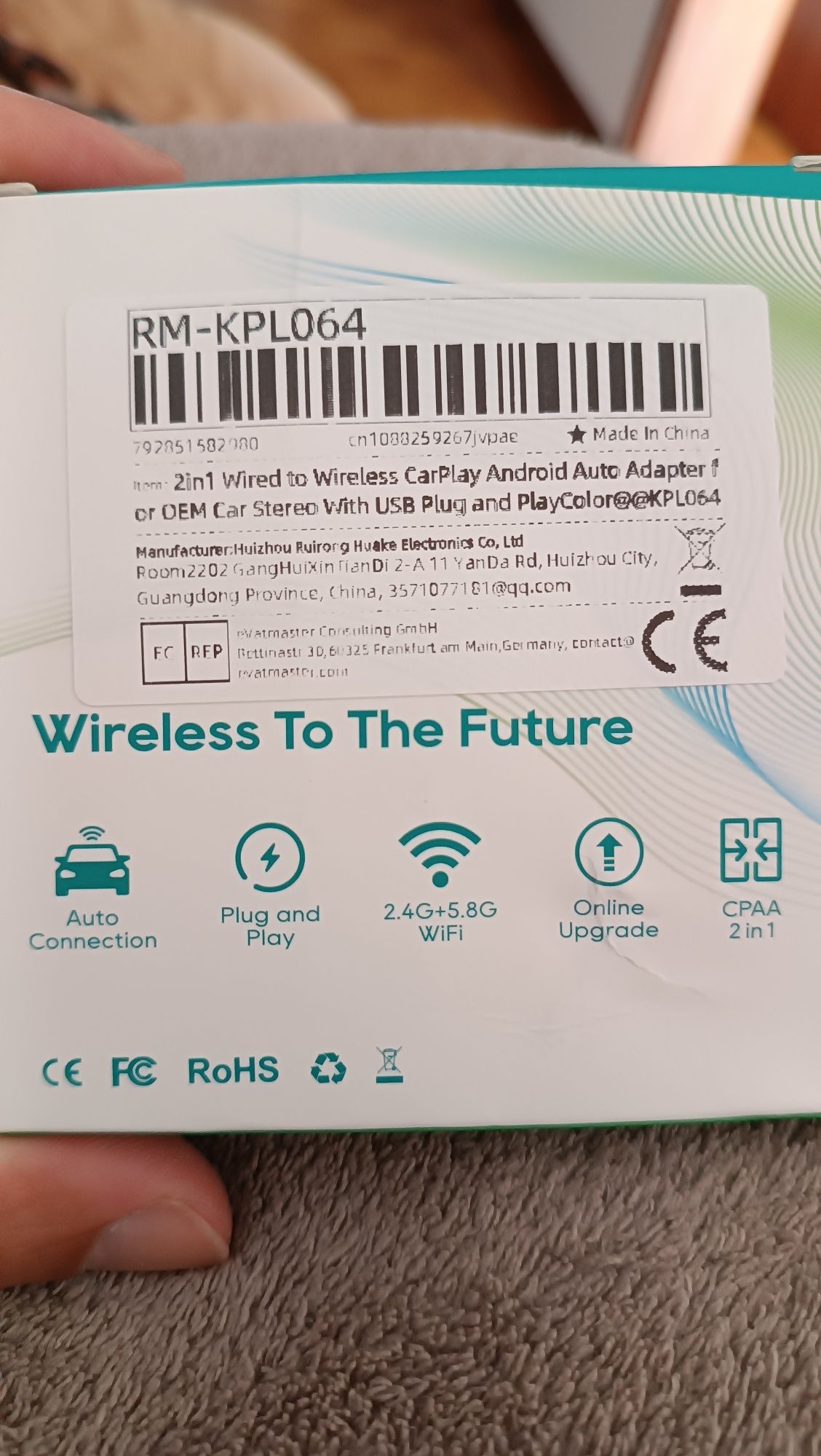 adaptador 2 em 1 de CarPlay e Android Auto sem fios (modelo RM-KPL064)