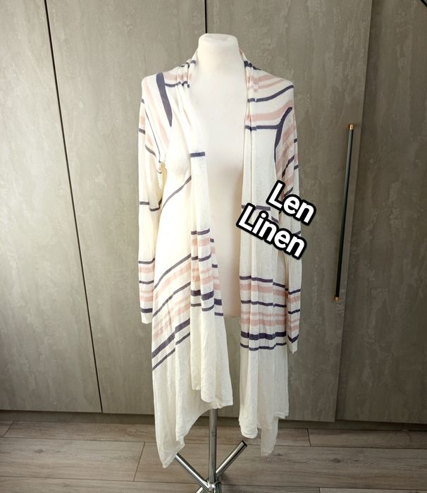 Długi sweter damski lniany kardigan kremowy w paski narzutka 4xl