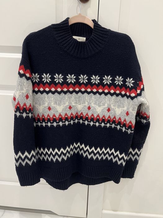 Sweter norweskie wzory vintage retro XS 34 oversize