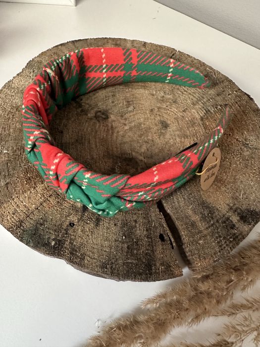 Marszczona opaska do wlosow swiateczna krata elegancka rozm uniwers.