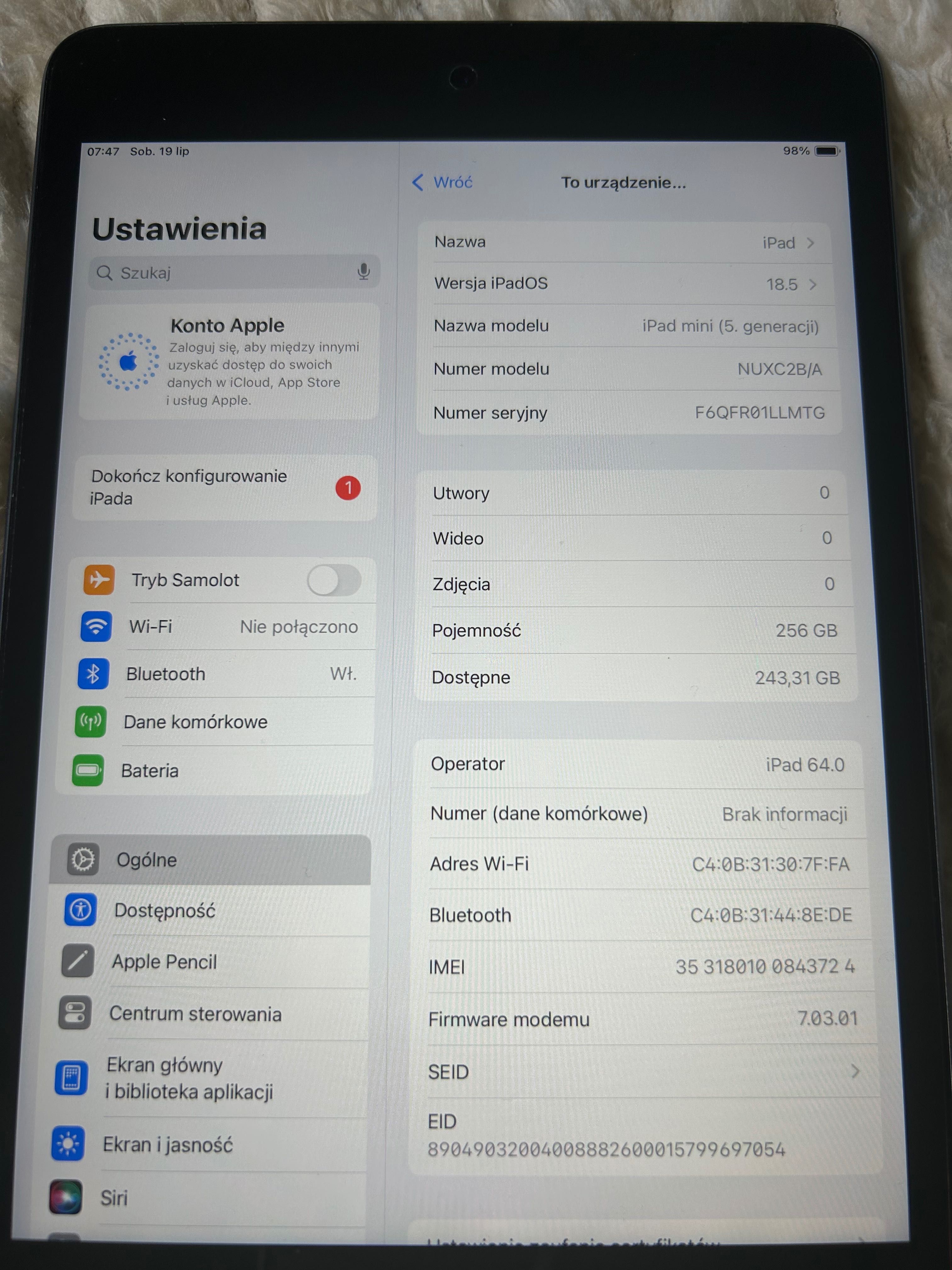 Tablet iPad mini 5 WiFi + Cellular 256GB Apple
