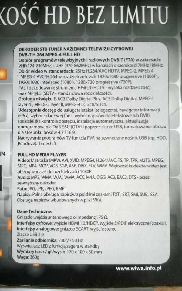 Odtwarzacz filmów muzyki zdjęć przez USB Wiwa HD95 + adapter HDMI VGA