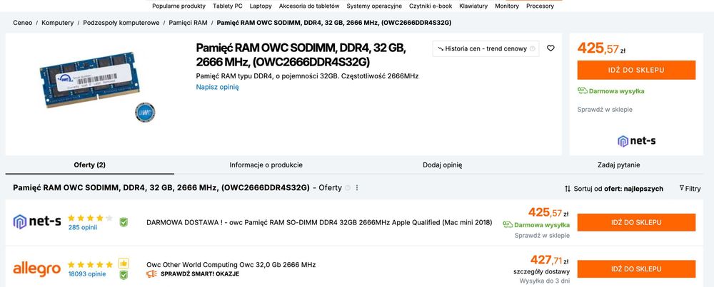 Pamięć RAM OWC SODIMM, DDR4, 32 GB, 2666 MHz, (OWC2666DDR4S32G)