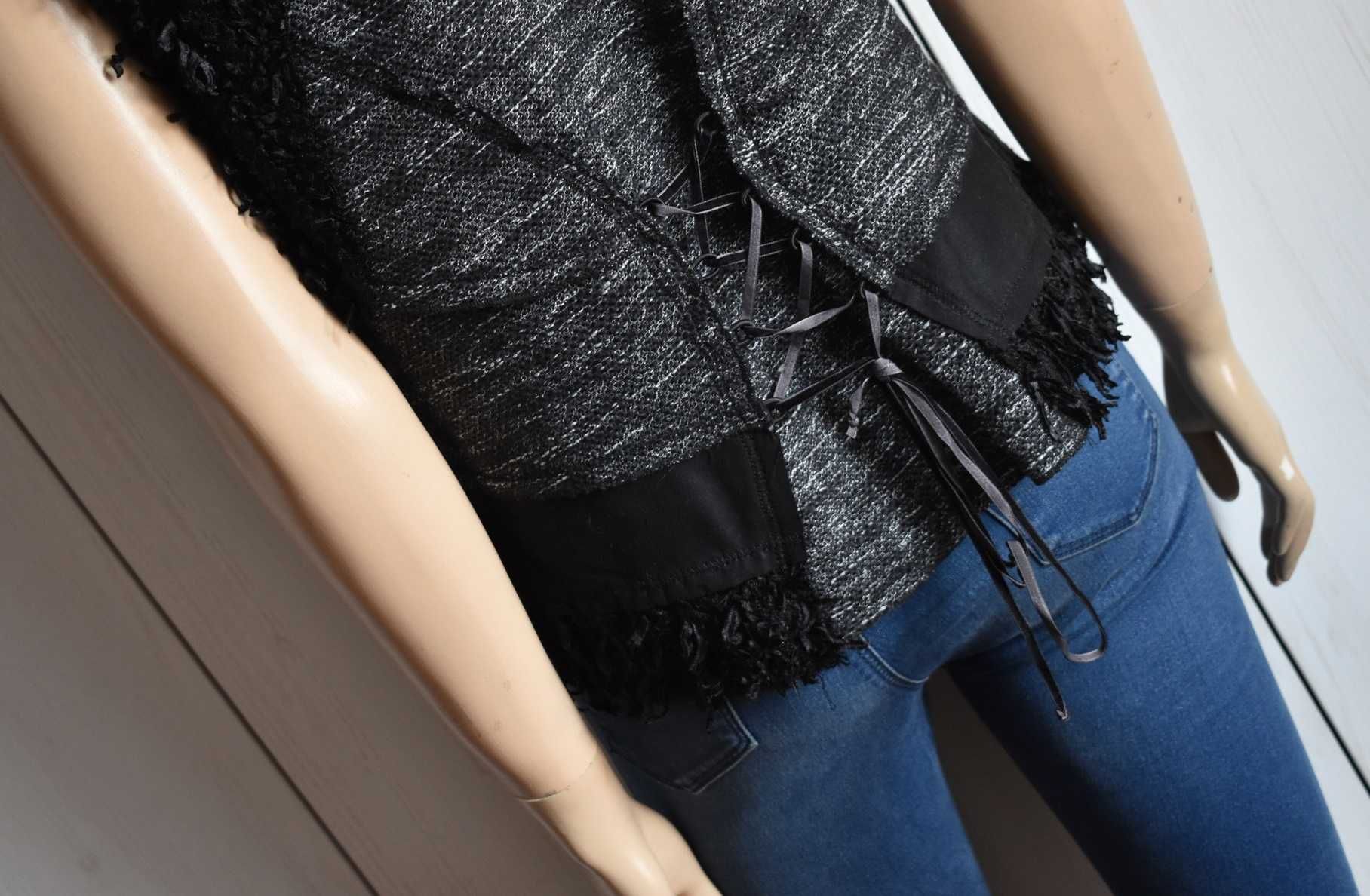 Bezrękawnik kamizelka 40 L narzutka z frędzlami dzianinowa blazer