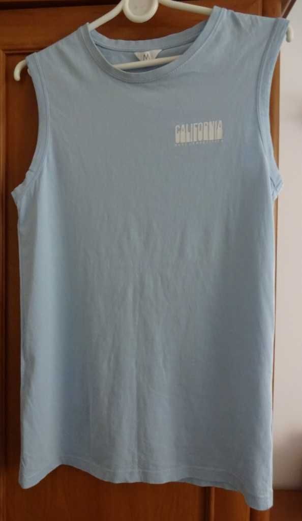 T-Shirt Bladoniebieski Bawełniany Bez Rękawa Napis Biały Nieduży